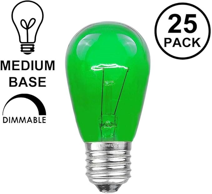 Novelty Lights 25 Pack S14 Outdoor Patio Edison Replacement Bulbs, E27 Medium Base, Green, 11 Watt