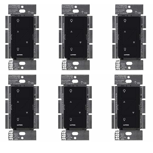 Lutron Caseta Original Smart Dimmer Switch (Lutron Smart Hub Required), for LED Lights, 150 Watt, Single-Pole/3-Way, No Neutral Required, PD-6WCL-BL, Black, 6 Pack