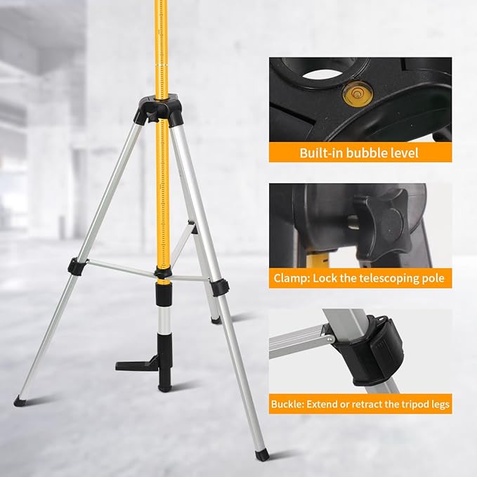 12 Ft./3.7M Professional Lasers Level Pole with Tripod, Adjustable Telescoping Pole for Leveling Tools, Multi-functional Fine-tuning Bracket with 1/4” and 5/8” Thread Adapters, Includes Carrying Bag