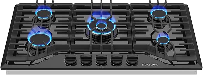 GASLAND 36 Inch Gas Cooktop 5 Burner, PRO GH2365EF, Built-in NG/LPG Convertible Stovetops, Gas Countertop Plug-in with Thermocouple Protection, Black