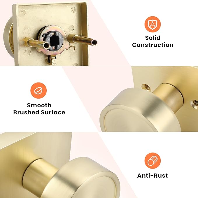 Haidms Gold Passage Door Knobs Interior, Zinc Alloy Brushed Gold Closet Door Knobs, Heavy Duty Round Brushed Brass Doorknobs for Hall Closet,Hallway(6 Pack)