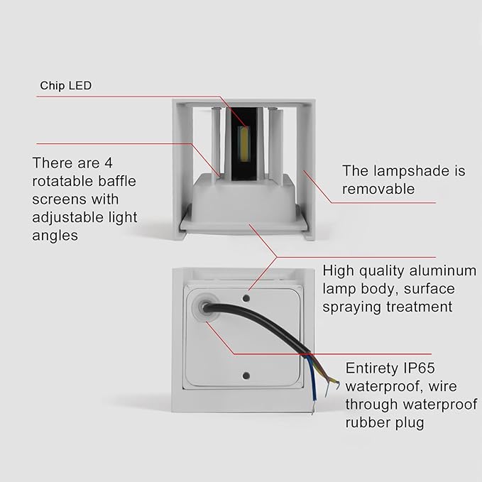 2 PCS 12W Outdoor Sconces Wall Lights LED Exterior/Interior Up and Down Lights IP65 Waterproof Modern Outdoor Lighting Fixtures Square Aluminum Exterior Wall Mount Light White 3000K Warm Lights
