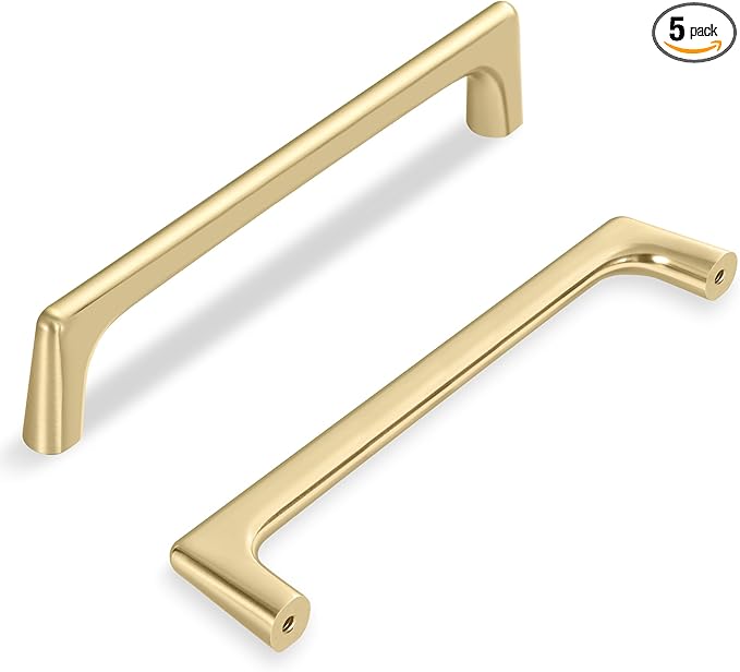 5 Pack 5 Inch(128mm) Hole Center Modern Brushed Gold Cabinet Pull Handle Timeless Vanity Drawer Pull Handle Classic Cabinet Hardware for Kitchen Dresser Bathroom, Screws Included, B-Gold(5x5)