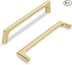 5 Pack 5 Inch(128mm) Hole Center Modern Brushed Gold Cabinet Pull Handle Timeless Vanity Drawer Pull Handle Classic Cabinet Hardware for Kitchen Dresser Bathroom, Screws Included, B-Gold(5x5)