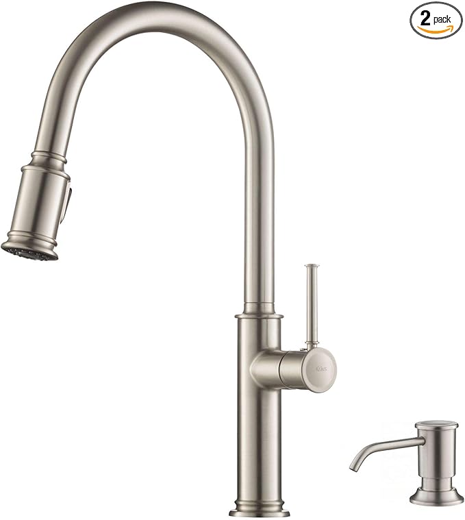KRAUS Sellette Single Handle Spot Free Stainless Steel Pull-Down Kitchen Faucet with Deck Plate and Soap Dispenser, KPF-1680SFS-KSD-80SFS