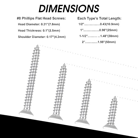 100 PCS #8X2 Stainless Steel Phillips Flat Head Wood Screws,Stainless Steel 18-8 A2(304) Screw,Home Screw Kit by QISHENG