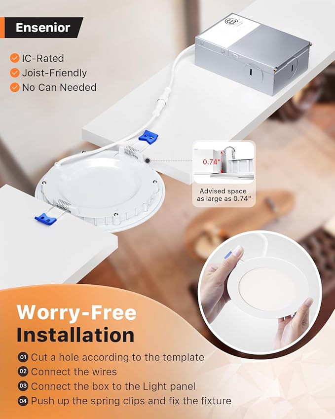 Ensenior 12 Pack 4 Inch Ultra-Thin LED Recessed Light with Junction Box, 2700K-6000K Selectable, 9W 75W Eqv, Dimmable, 750LM High Brightness - ETL Certified