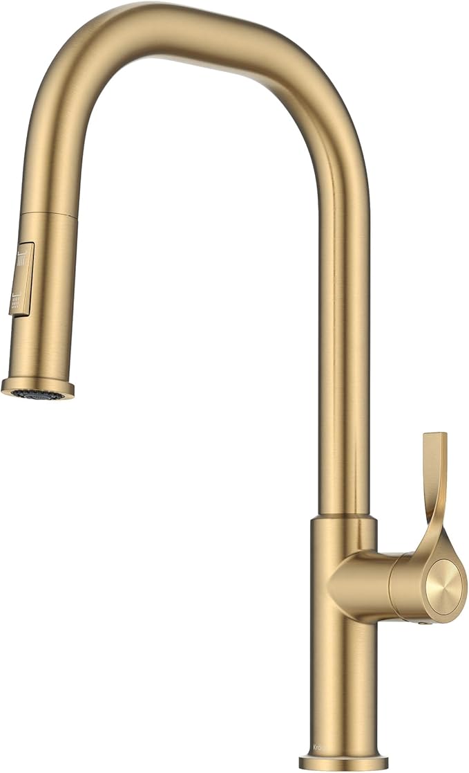KRAUS Torak Pull Down Kitchen Faucet in Spot-Free Brushed Brass with 2 Function Sprayer, Pre-Attached Water Lines, and Mounting Hardware, KPF-2841SFBB
