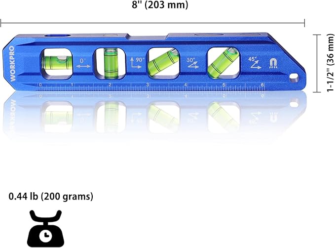 WORKPRO 8-Inch Magnetic Torpedo Level, Aluminum Alloy Construction, 4 Bubble Vials for 0°/90°/45°/30° Measurements, Cobalt Blue
