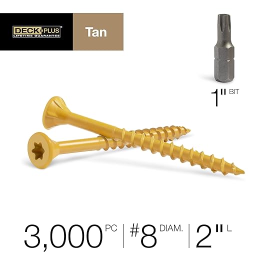 Deck Plus 2 Inch Epoxy Coated Exterior Wood and Fence Screws #8 x 2 Torx/Star Drive Included Coarse Thread, Outdoor Rust Resistant Decking Screw, Tan, 25lb Box, 3125 Pieces | 48713