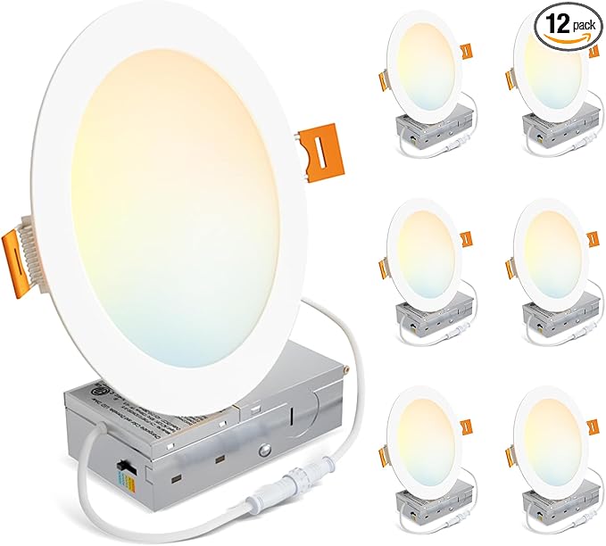 LVWIT Ultra-Thin Recessed Lighting 8 Inch with Junction Box, 1620LM High Luminance 2700K-5000K 5CCT LED Ceiling Lights, Dimmable Canless Wafer Downlight, ETL,FCC&IC, Smooth Trim, 6 Pack