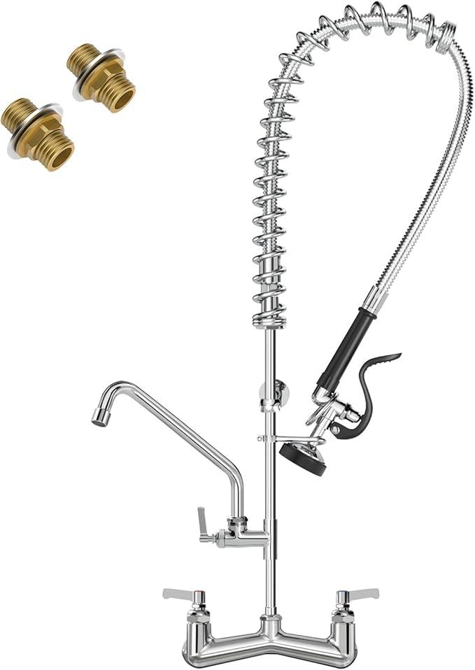 Commercial Kitchen Faucet 36" Height Wall Mount with Sprayer 8" Center Wall Mount Kitchen Sink with 12" Add-on Swing Spout Pre Rinse Faucet for Commercial Sink(Round Sprayer