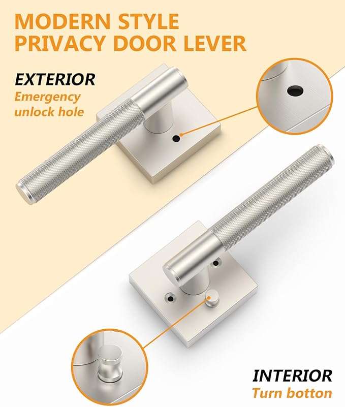 Asidrama 6 Pack Privacy Brushed Satin Nickel Door Handles, Door Lever with Door Knobs Indoor for Bedroom or Bathroom, Brushed Satin Nickel Door Handles Interior with Locks for Left Right Sided Doors