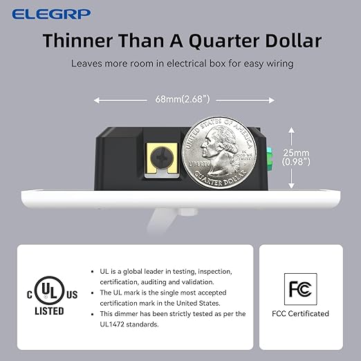 ELEGRP Digital Toggle Dimmer Switch for Dimmable LED, CFL and Incandescent Light Bulbs, Single Pole or 3-Way Toggle LED Dimmer Light Switch, Wall Plate Included, UL Listed, 6 Pack, White