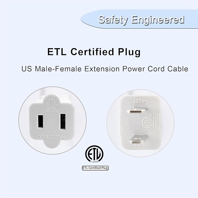 8-Pack Extension Cord 2 Prong,10FT Long Cords Extension for Indoor/Outdoor,US Male/Female Power Cable for NEMA 1-15P to NEMA 1-15R,White