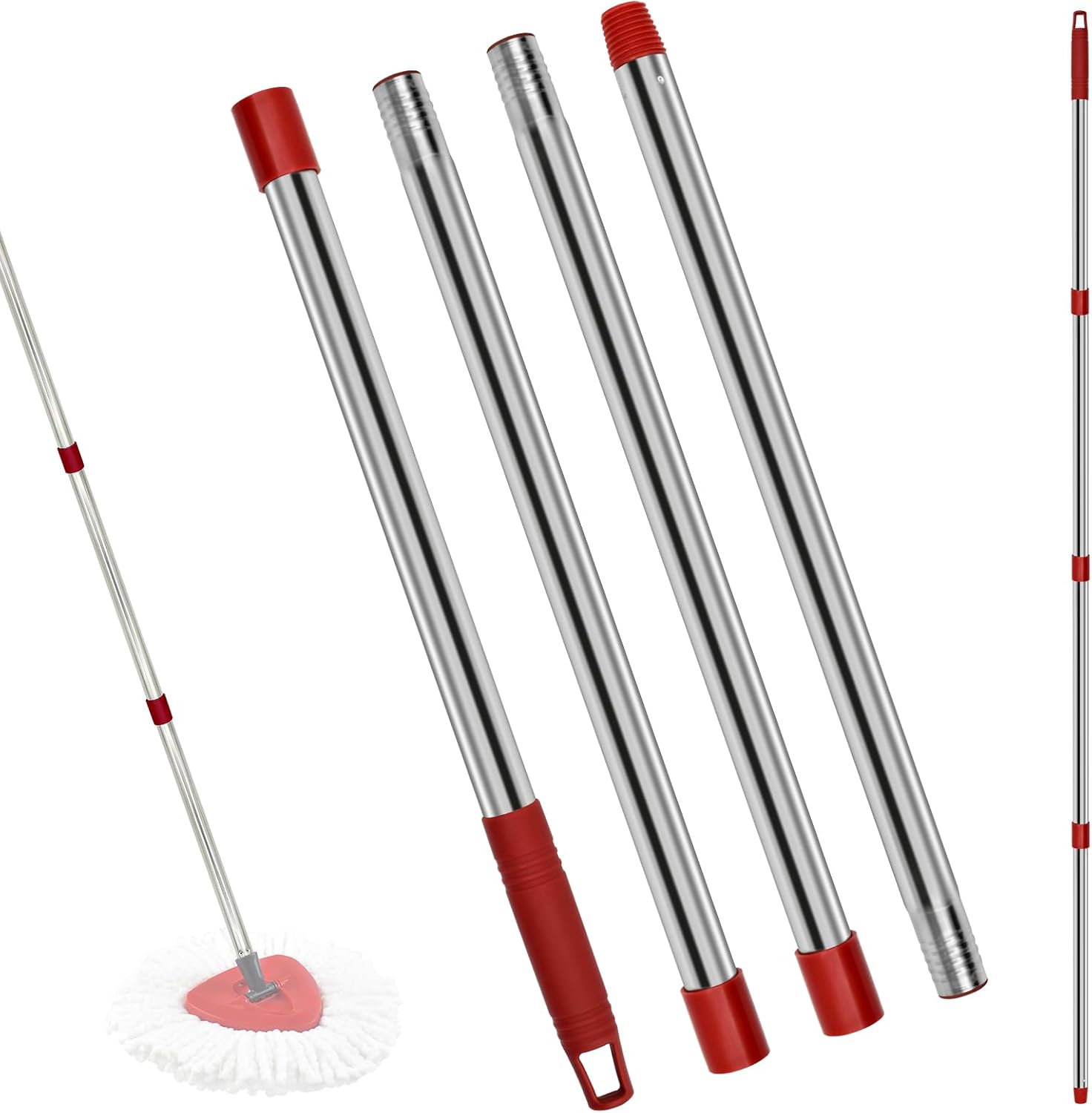 4 Section Stainless Spin Mop Replacement Handle for O Cedar Spin Mop Handle for Ocedar Spin Mop Handles Adjustable 30" to 58" Mop Stick Pole to Various Floor Clean, Universal Screw Joint (No Mop Head)