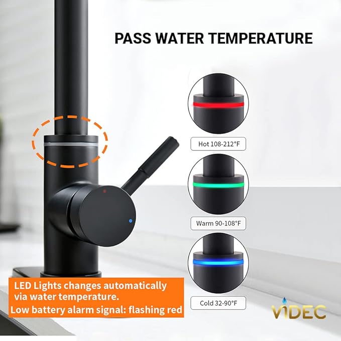 Smart Touch On Kitchen Faucet, 3 Modes Pull Down Sprayer, Touch On Sensor Activated, LED Temperature Control, 360-Degree Rotation, 1 or 3 Hole Deck Plate. 10-Year Warranty. (KW-66R, Matt Black)