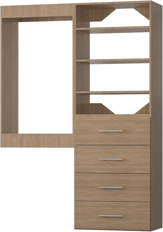 Modular Closet System, 40" Wide Closet Organizer System with Tower and Drawers, Wood Tower Closet Storage for Walk In Closets, Wall Mounted Wardrobe Organizer Kit System, Bedroom, Wood