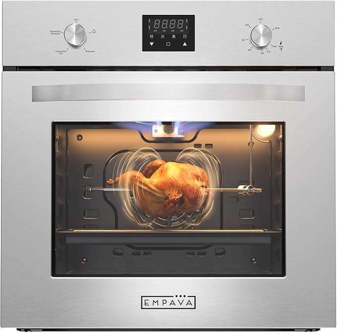 Empava Single Liquid Propane Gas Wall Oven 24 in. 2.3 cu. Ft. Bake Broil Rotisserie Functions with Mechanical Controls and Digital Timer and Convection Fan in Stainless Steel, Silver, 24inches