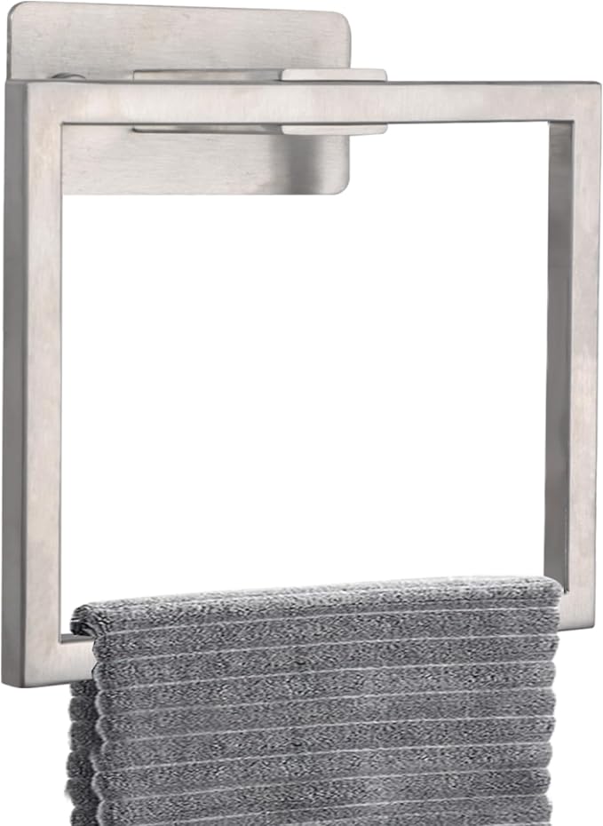 LANC Hand Towel Rings for Bathroom Wall Mount Brushed Finished Square Self Adhesive Hand Towel Holder for Kitchen Towel Holder Lavatory Stainless Steel Contemporary Shower Towel Racks, A8396BN