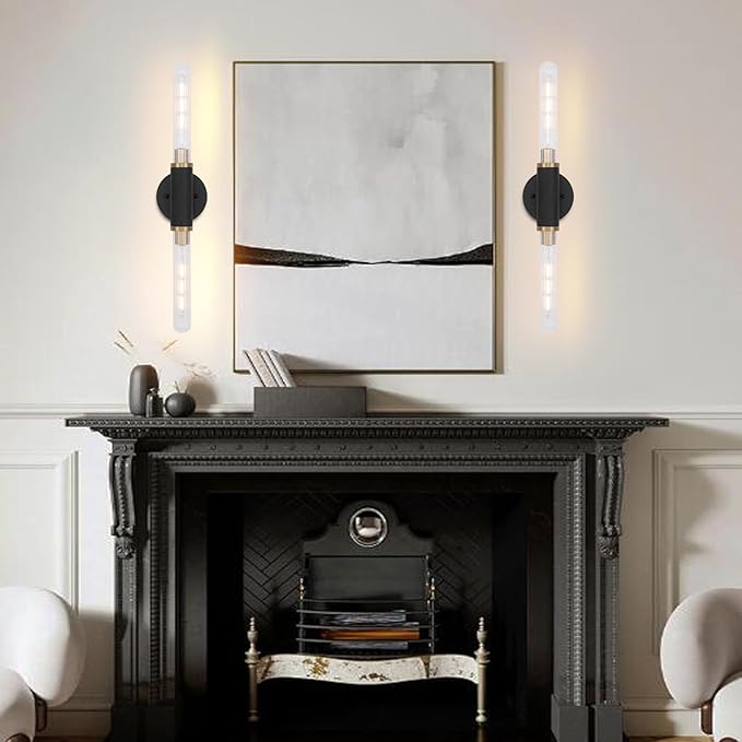 Modern Wall Sconces 24" Knurled Texture Cylinder Bathroom Vanity Lights Fixtures with Clear Striped Glass Shade 2-Lights Brushed Brass Gold Black Indoor Wall Lighting for Bedroom Hallway