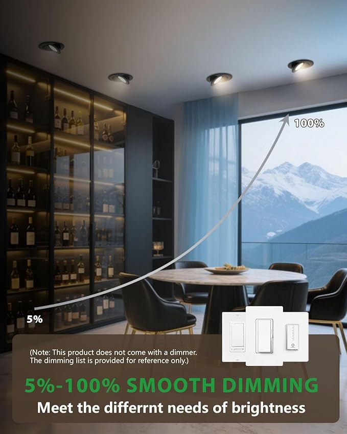 zouzai 4 inch 5CCT Gimbal Black Led Recessed Lights, 360°+90° Adjustable Directional Recessed Lighting, 2700K-5000K Dimmable Retrofit Eyeball Can Lights with Jbox, ETL&Energy Star (Black,12 Pack)