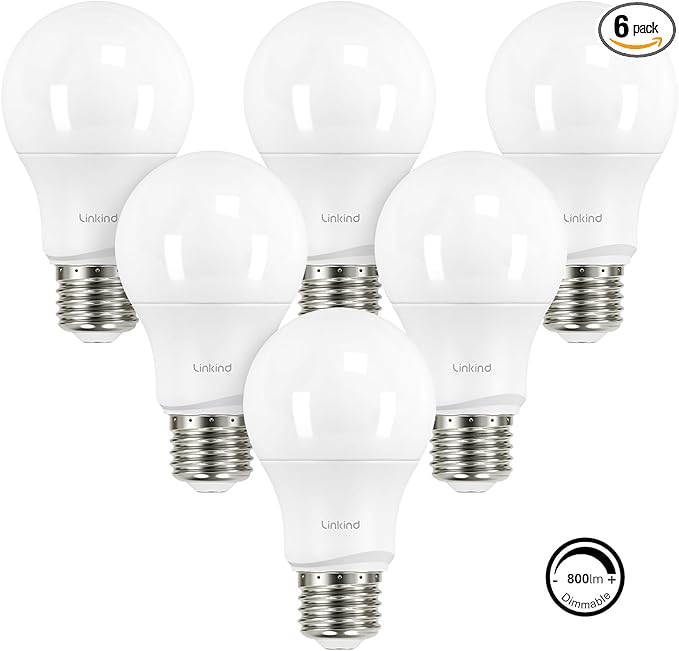 Linkind A19 LED Light Bulbs Dimmable, 60W Equivalent Light Bulbs, 9W, 5000K Daylight, 840 Lumens LED Bulbs, E26 Standard Base, 120V, Lighting for Bedroom Living Room Home Office, 6 Packs