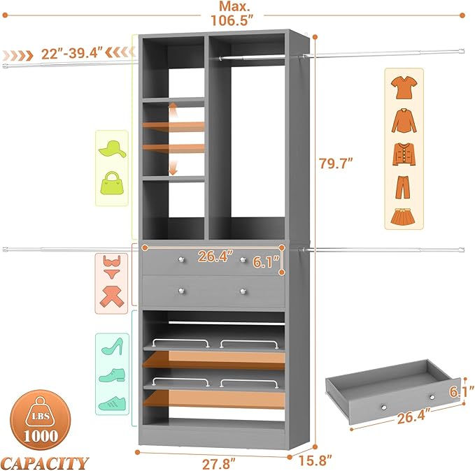 Closet System, 4.2–8.8 FT Closet Organizer with 2 Wooden Drawers and Shelves, Walk-in Closet System with 5 Hang Rods, Built-in Reach in Closet Tower, Can Fit 60 to 96 inch, Morandi Grey