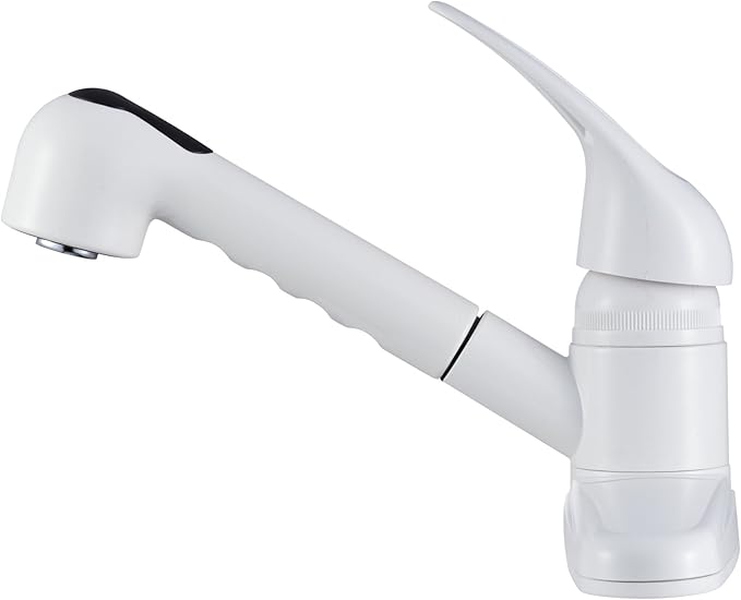 Dura Faucet DF-PK100-WT Non-Metallic Pull-Out RV Kitchen Sink Faucet, Single Handle (White)