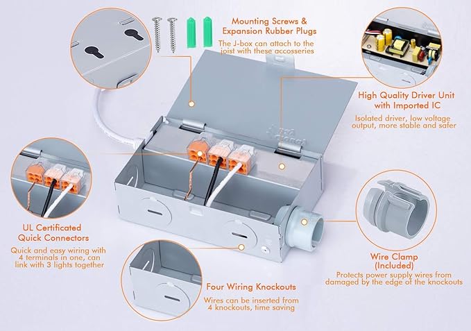 CLOUDY BAY 3 inch 5 Color Ultra Thin LED Recessed Light with Junction Box, Canless Wafer Downlight, IC Rated, 8W CRI90+, 5 Color Temperature Selectable, Illumination Diameter 1-7/8inch,White, 6 Pack