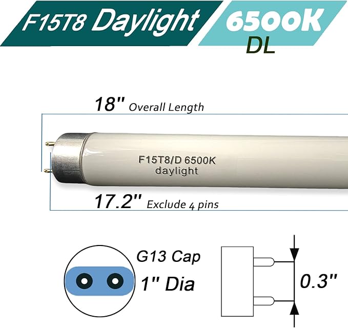 F15T8-D Daylight 15W Fluorescent Bulb,18'' F15T8/DL 6500K T8 Linear Preheat Lighting Lamps, G13 bi-pin Base
