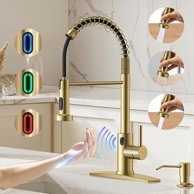 Touch-Less Kitchen Faucet, 3 Modes Pull Down Sprayer, LED Temperature Control,Sensor Activated,Ceramic Valve, 360-Degree Rotation, 1 or 3 Hole Deck Plate. 10-Year Warranty. (KW-79J, Gold)