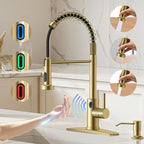 Touch-Less Kitchen Faucet, 3 Modes Pull Down Sprayer, LED Temperature Control,Sensor Activated,Ceramic Valve, 360-Degree Rotation, 1 or 3 Hole Deck Plate. 10-Year Warranty. (KW-79J, Gold)