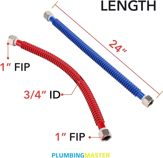 Stainless Steel Corrugated Water Heater Connector, 24-Inch, 1" FIP* 1" FIP red and blue color Corrugated Water flexible hose, Leak-Proof, 10-Year Warranty, 2-pack
