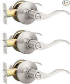 Mengico 3 Pack Satin Nickel Privacy Door Lever, Modern Interior Door Knobs Locks for Bedroom and Bathroom, Heavy Duty Door Handle, Reversible Wave Lever Handle