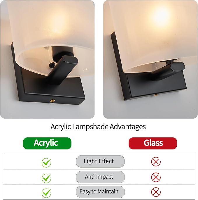 Hardwired Wall Sconces, Modern Acrylic Shade Wall Light Fixture, Black Walls Mounted Lamp with Ceramic Lamp Holder, Classic E26 Bulb Walls Lighting for Bedroom, Living Room, Hallway 【No Bulb Included】