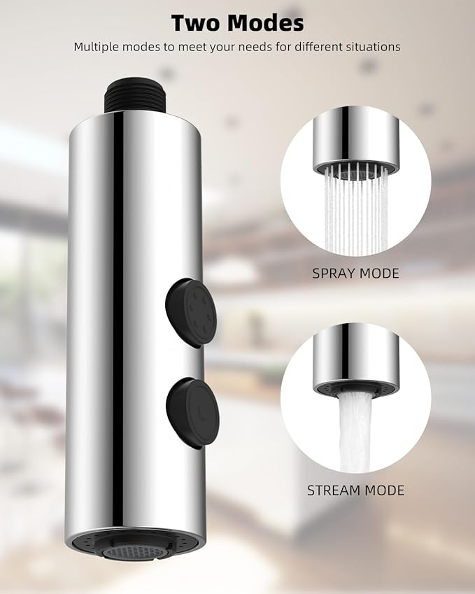 Hibbent Metal Pull Down Kitchen Faucet Head Replacement with 15 Adapters, Sink Spray Head, 2 Function Spray Nozzle Compatible with Moen, American Standard, Delta, Kohler Faucets, Chrome (Silver)