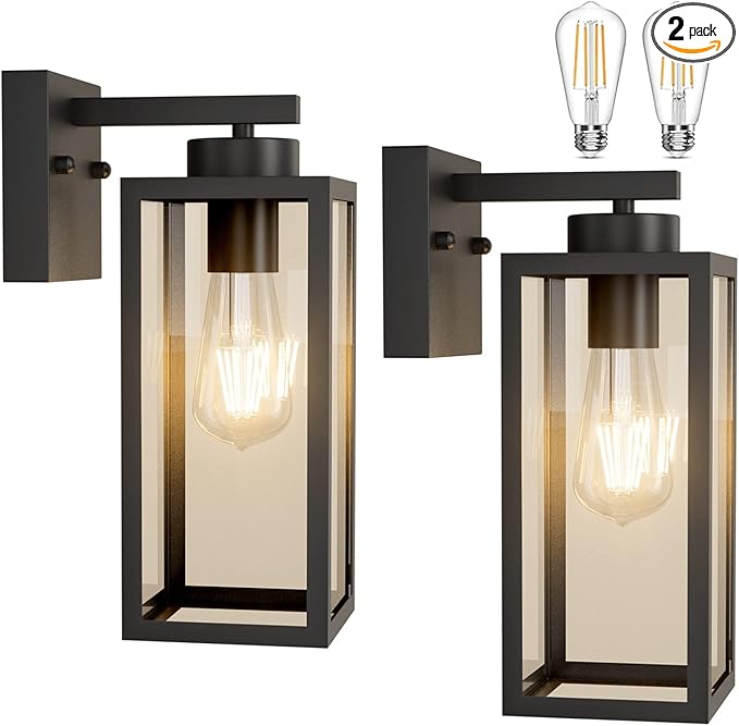Tipace Outdoor Wall Lantern 2 Pack Black Exterior Wall Sconce with Clear Glass Shade Wall Mount Lights for Entryway,Porch,Doorway(2700K E26 Bulbs Include)