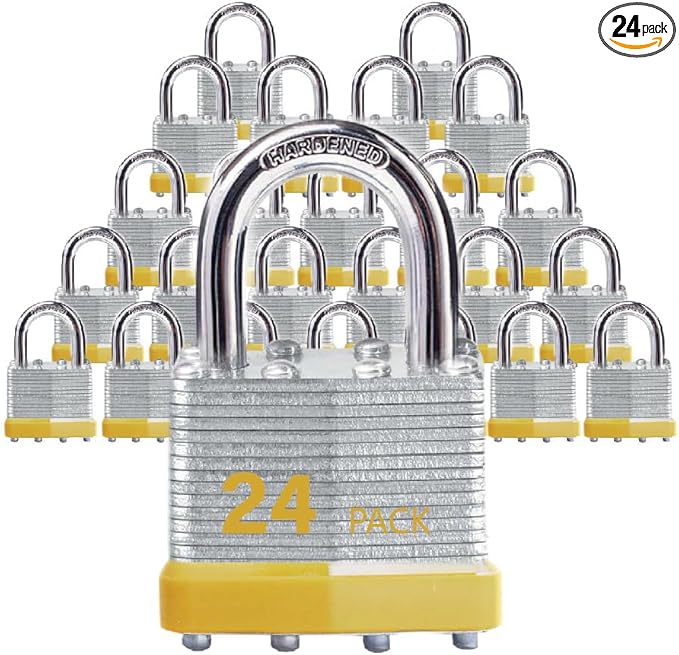 Keyed Alike Laminated Steel Padlocks with Normal Shackle for Sheds, Fences & Lockers (24-Pack)