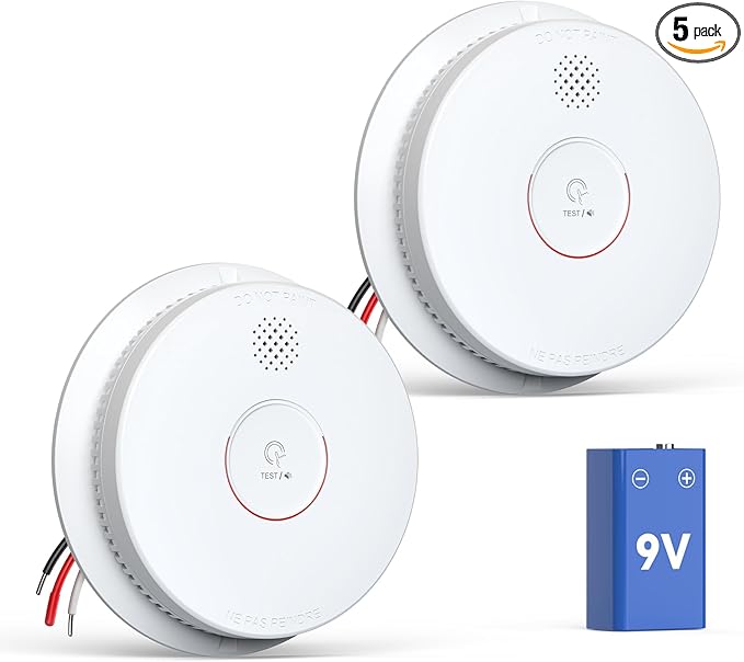Jemay Smoke Detector, Photoelectric Smoke Alarm with 9V Backup Battery, Hardwired Interconnected Smoke Detectors, Fire Alarm with Test/Silence Button for Home, 2 Packs