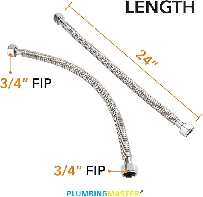 Stainless Steel Corrugated Water Heater Connector, 24-Inch, 3/4" FIP* 3/4" FIP hot and cold Corrugated Water flexible hose, Leak-Proof, 10-Year Warranty, 2-pack