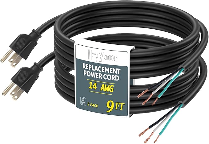 2 Pack 9 ft 14/3C SJTW Appliance and Power Tool Cord, 14 Gauge 3 Prong Heavy Duty Replacement Power Supply Cord Cable, 110V 115V 120V AC Pigtail, 15A, 1875w