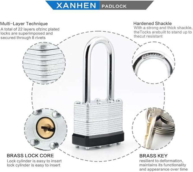 Keyed Alike Laminated Steel Padlocks with Long Shackle for Sheds, Fences & Lockers (24-Pack)