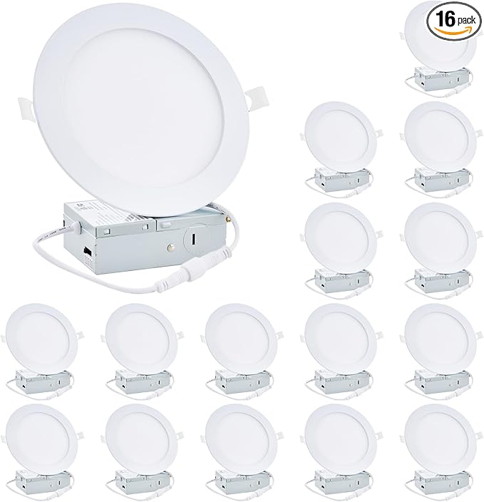 16 Pack 6 Inch LED Recessed Ceiling Light with Junction Box, 2700K-5000K 5CCT 1100 LM Brightness, Ultra-Thin Canless Wafer Ceiling Light, 120V, 12W, ETL FCC