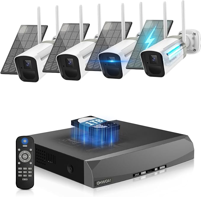 《100% Wire-Free》Wireless Outdoor Security Camera System, Solar Powered WiFi Cameras Systems with PIR Motion Detection, Home Video Surveillance DVR Kits