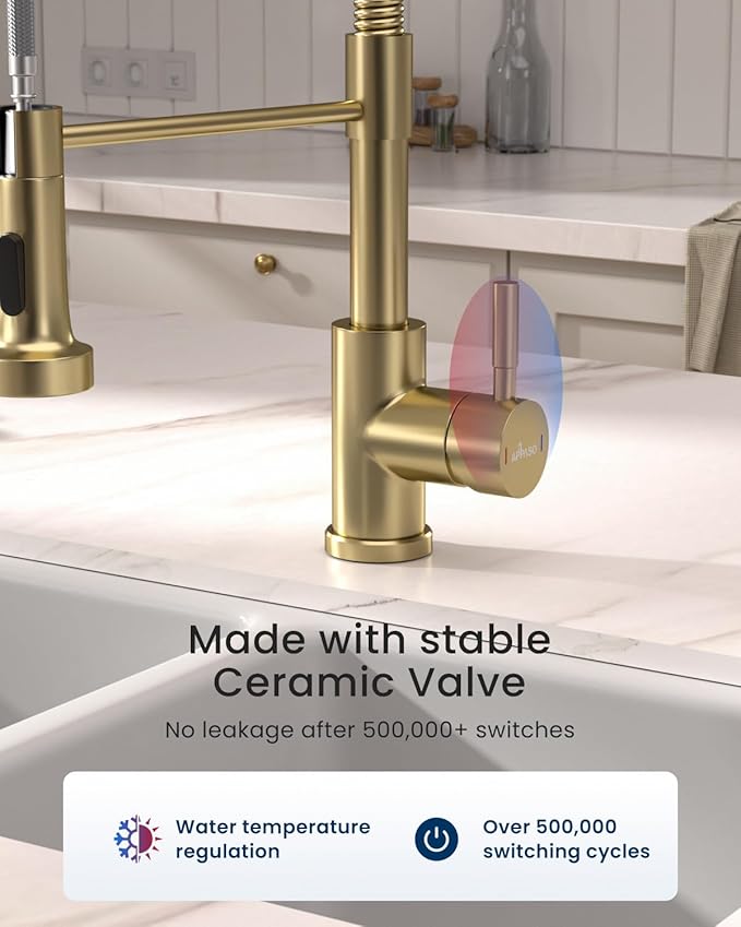 APPASO Gold Kitchen Faucet with Pull Down Sprayer, Brushed Gold Kitchen Sink Faucets 18 Inches Commercial Single Handle High Arc Faucet for Sink, Stainless Steel Kitchen Faucet for Sink 1 or 3 Holes