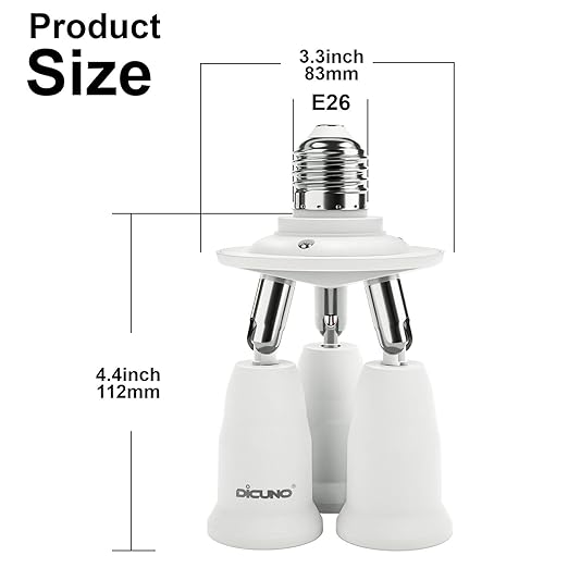 DiCUNO 3 in 1 E26 Light Socket Splitter Adapter, Standard Base LED Bulb Converter, 360 Degrees Adjustable 180 Degree Bendable, 3 Way Bulbs Socket Holder