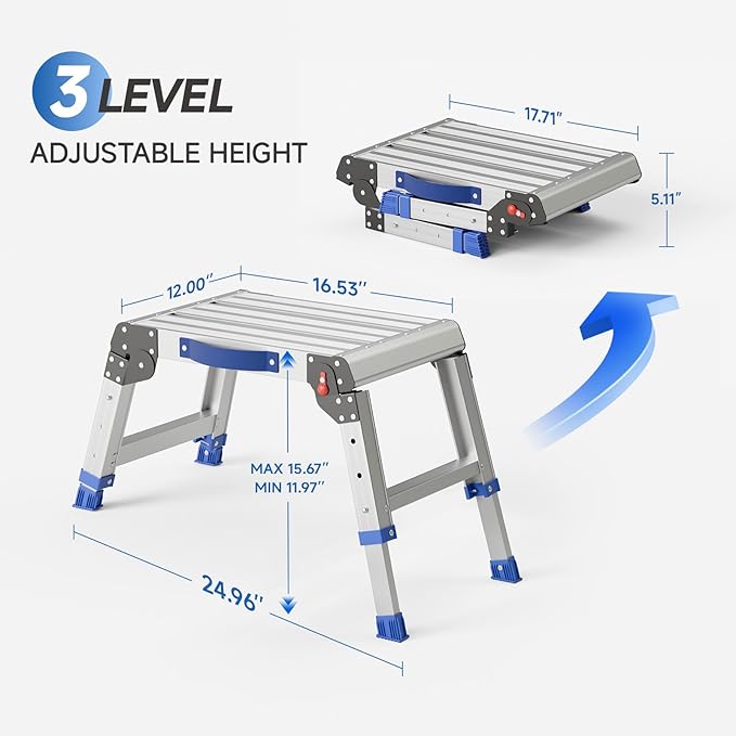 Folding Step Stool for Adults, Aluminum Work Platform Adjustable Height, Lightweight and Durable Portable Outdoor Aluminum Step Stool Foldable, Maximum Load Capacity of 440 Pounds.