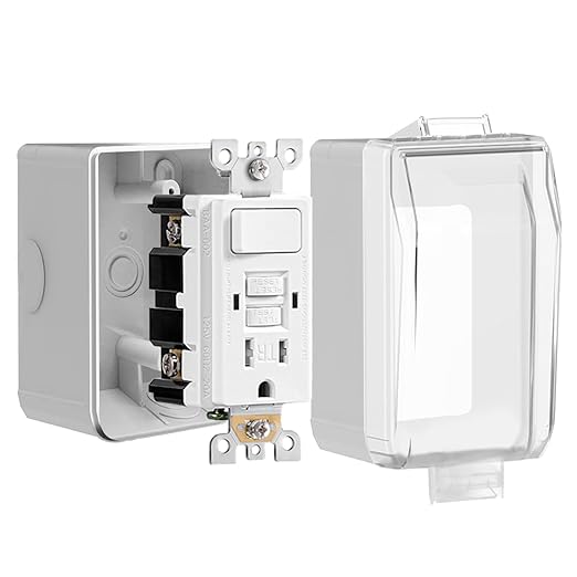 15 Amp GFCI with Switch Outdoor Electrical Outlet Box, Nonmetallic Heavy Duty Box IP66 Waterproof and NEMA 5-15 Self Test TR GFCI Outlet Kit, 3.15 Inch Deep, Lockable, Clear/Gray, ETL Listed