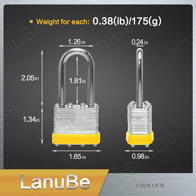 LanuBe Lock Laminated keyed Padlock (1-9/16", 40mm), keyed Alike Locks, Long Shackle,Marked Yellow Plastic Hoop, Pack of 48